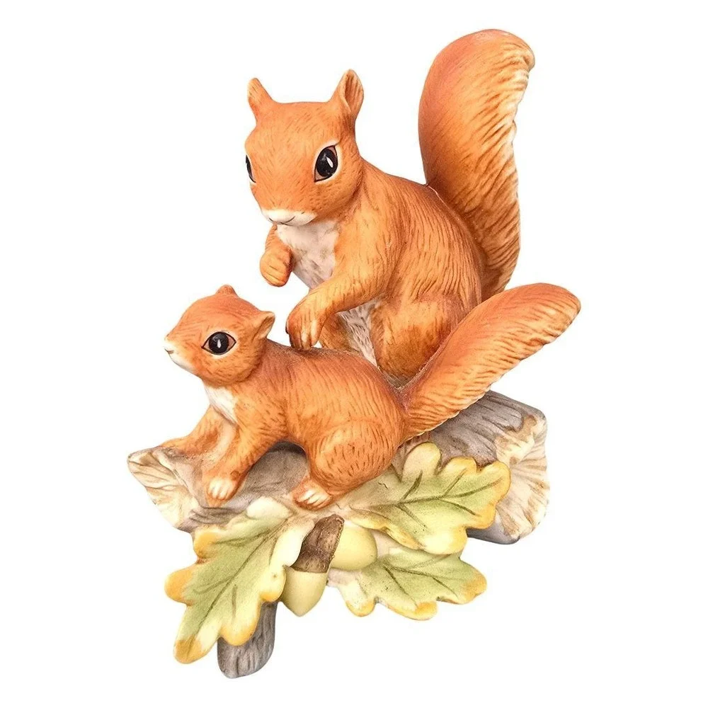 Vintage HOMCO #1457 Squirrel Mom & Baby Figurine Woodland Ceramic Log Leaves